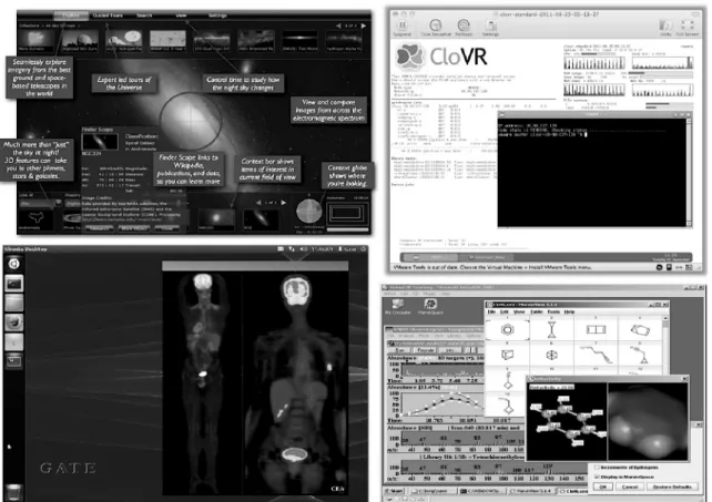 Figure 3: Some educational resources that are distributed as classic virtual machines (WWT, CloVR, vGATE, and  a VirtualBox image for chemistry teaching)
