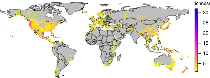 Fig. 1 Conifer species richness. Global species richness patterns in 455 conifer species based on cleaned empirical distribution data used here to analysediversiﬁcation processes