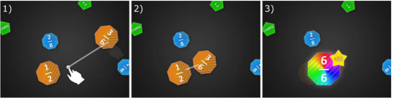 Figure 1: Mock-up example of the basic game mechanic with fractional arithmetic. 