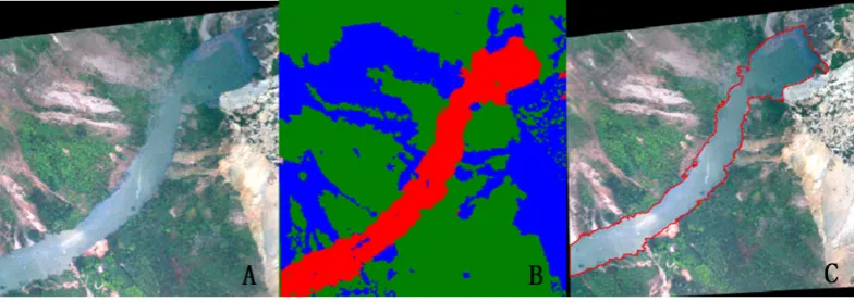 Fig. 4. The boundary extraction of the dammed lake. (a) The original UAV image. (b) The classiﬁcation results of the UAV image