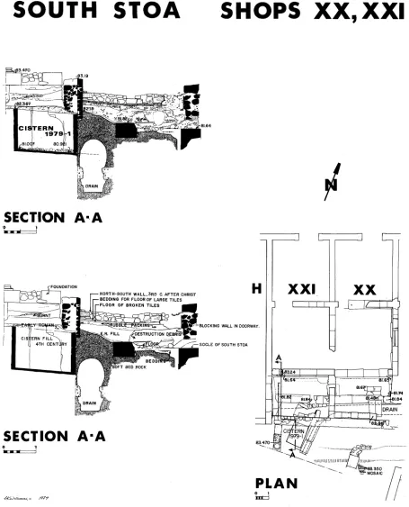 FIG. 4. Plan, Section. South Stoa service areas XX and XXI. 