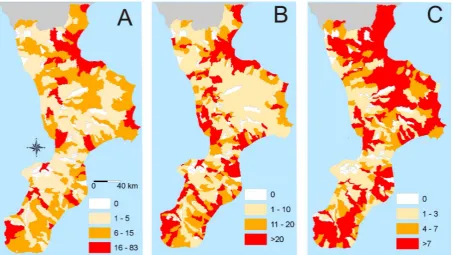 Fig. 3. Maps of total municipality ﬂood number. (A) Total number of ﬂoods (TNF); (B) density: TNF divided by municipality area (TNF100 km−2); (C) TNF per population density (TNF 100 km2 inhabitants−1).