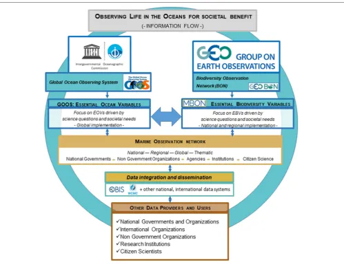 FIGURE 2 | Schematic of the linkages between the GEO BON Marine Biodiversity Observation Network (MBON), the Global Ocean Observing System (GOOS), andorganizations, non-governmental organizations, and research groups, in an iterative loop that links with t