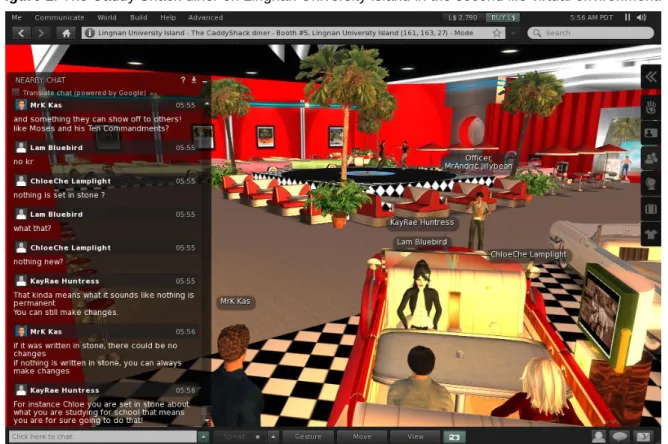 Figure 2: Global Classroom students IM chatting in a Cadillac diner booth, while two students dance  on the rotating dance floor in the background 