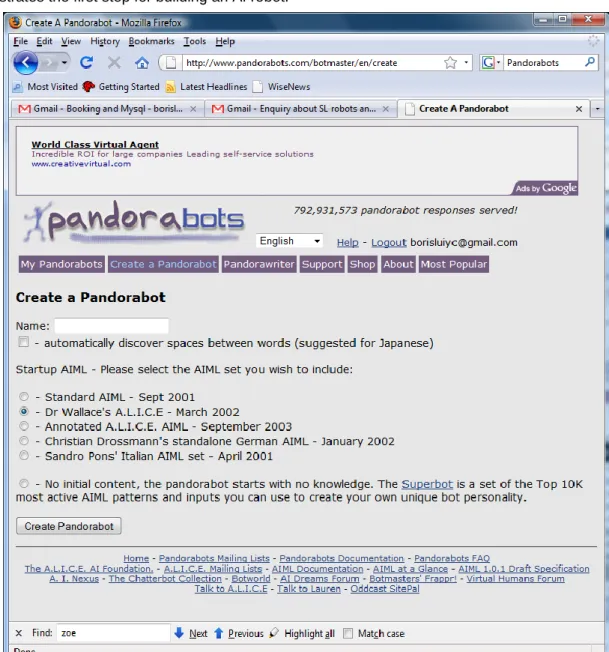 Figure 5: Robot initialization in Pandorabots 