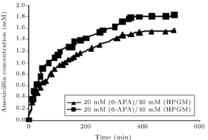 Figure 2. Amoxicillin synthesis catalyzed by immobilized PGA at 25  C, initial pH 6.5, 0.5% of enzyme C initial of 6-APA = 20 mM and HPGM= 30 mM (N) and C initial of 6-APA =20 mM and HPGM =40 mM ().