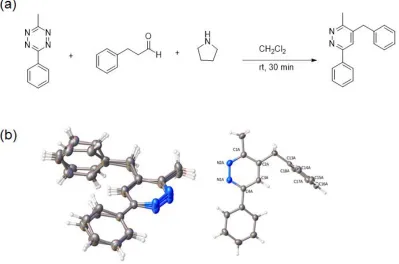 Figure 2.3. (a) The amine-catalyzed iDA reaction of 3-methyl-6-phenyl-1,2,4,5-tetrazine with phenylpropionaldehyde (b) Single crystal structures of the sole product obtained