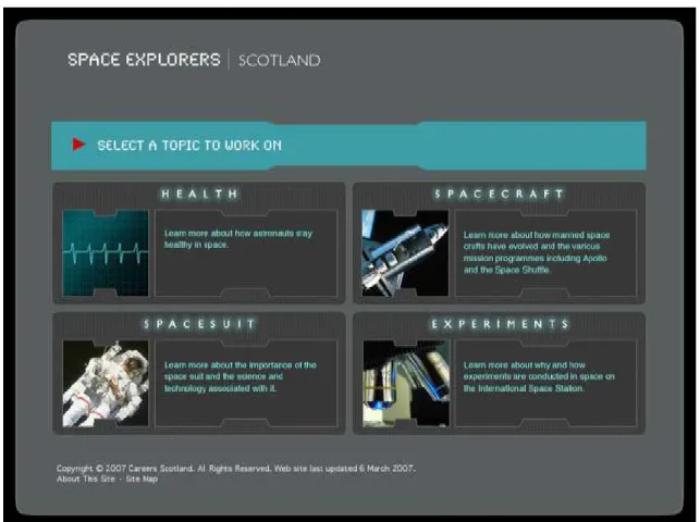 Figure 6: Topic Selection Screen from The Space Explorers Scotland Web Site  