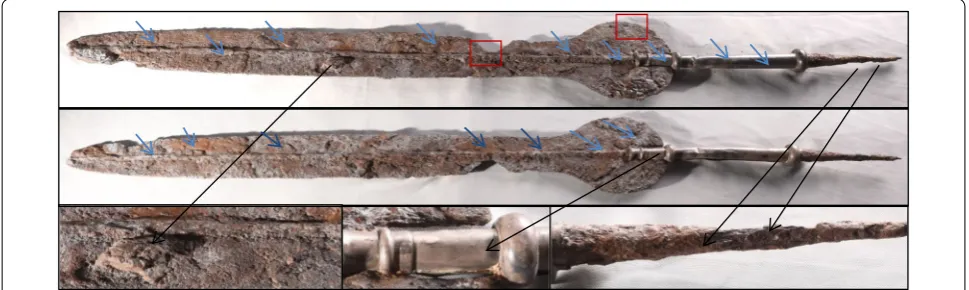 Fig. 2 Shows the sword from both the sides, some details of the hilt, the solid globular masses from soil deposits with corrosion products, the zones of the taken samples (the red boxes) and the analysis spots by pXRF on the surface (the blue arrows)