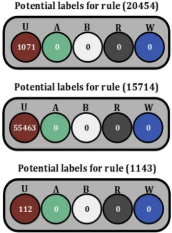 Fig. 8. Different rules with the same uncertainty measure (entropy value = 0)and different frequency values