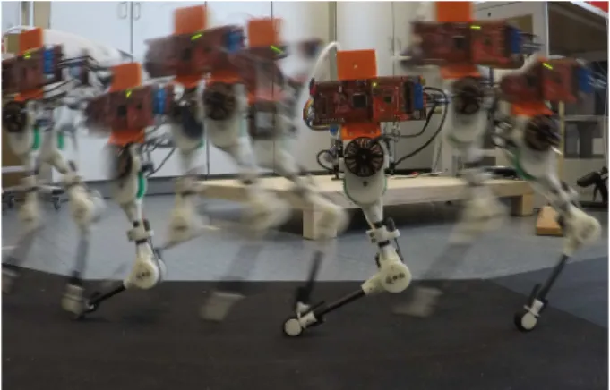 Fig. 1: A multiple-exposure image of our robotic leg mounted on a boom hopping, showing the distinct stance and flight phases.