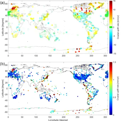 Figure 7. Effect of the difference between the centre of mass of the solid Earth (CE) and the centre of mass of the total Earth’s system (CM), that is CE-CM,on the GPS uplift rates