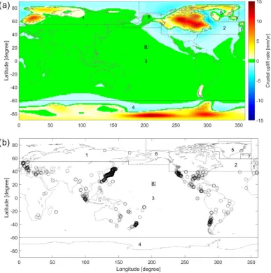 Figure 3. (a) Mean ﬁeld of GIA uplift rates from the 13 GIA forward model solutions, and deﬁnition of eight regions based on their response to GIA and otherHawaii