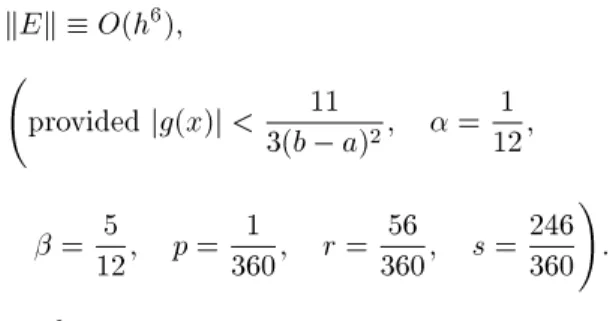 Table 1. Observed maximum absolute errors for Example 1. n Second-Order  = 1 4 ;  = 14 Fourth-Order =16;  =13 Sixth-Order =121;  = 125 8 1:09  10 4 5:22  10 8 8:75  10 11 16 3:06  10 5 2:31  10 9 5:74  10 13 32 8:11  10 6 1:34  10 10 2:30  1