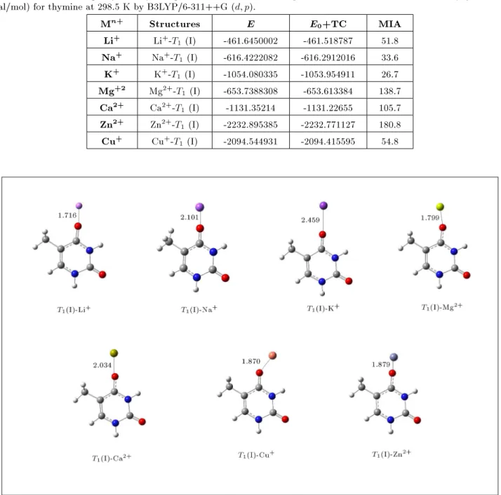 Table 1. Absolute energies (E in au), energies for the most stable complexes at 298.5 K and metal ion anity (MIA in kcal/mol) for thymine at 298.5 K by B3LYP/6-311++G (d; p).