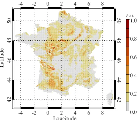 Fig. 1. Susceptibility to drought-induced soil subsidence from geology and land cover in arbitrary units (a.u.)