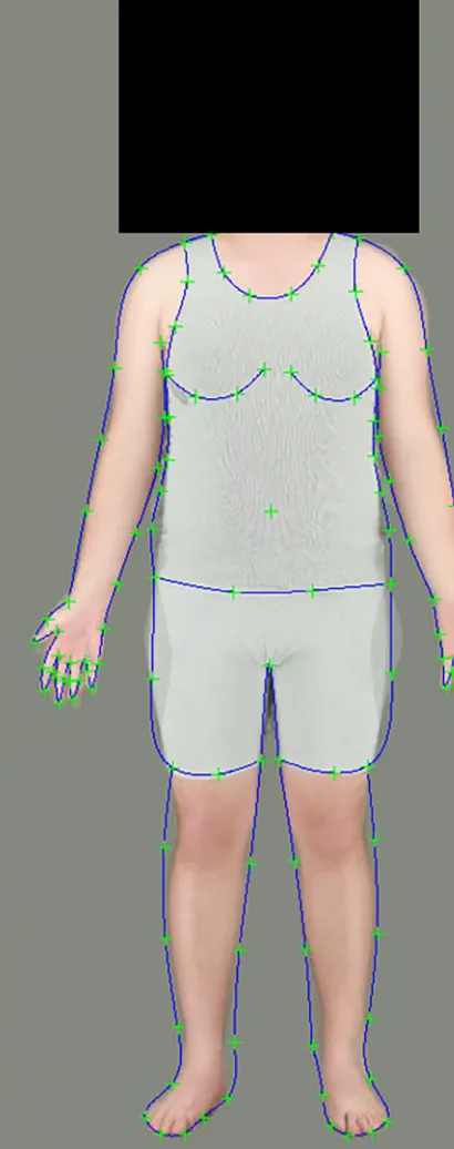 Fig 1. Male high (left) and low (right) fat prototype images used as endpoints for the body fat transforms, showing the locations of the landmark points.