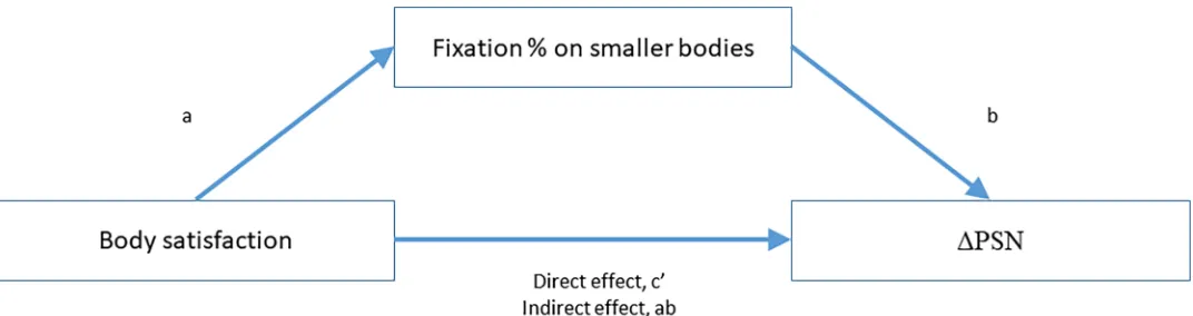 Fig 3. Mediation model for the effect of overall body satisfaction on ΔPSN through percentage of fixation (count or duration) on the thinner bodies