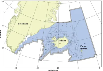 Fig. 1. The modeled area and the locations of the 53 spatial boxes. Active boxes are in blue and boundary boxes in grey