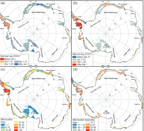 Fig. 6.6. Estimated surface melt for the 2016/17 austral summer: (a) melt start day, (b) melt end day, (c) melt duration (days), and (d) melt duration anomalies (days).