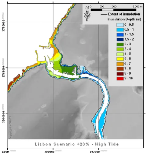Fig. 3. Inundation depth for tsunami triggered by earthquakes (Ag-gregated scenario) for coastal area of Rabat and Sal´e.