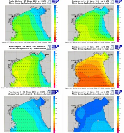 Fig. 5.Wave ﬁelds in the northern Adriatic Sea, respectively, of the analysis and the 24, 48, 72, 96, 120 h forecasts produced onFigure 5 – Wave fields in the northern Adriatic Sea, respectively of the analysis and the 24, 48, 72, 10 March 2010