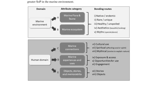 Fig. 1. Conceptual links between domain, five attribute categories, and differentprocesses that are (mostly) positively linked to well-being and expected to mediategreater SoP in the marine environment.