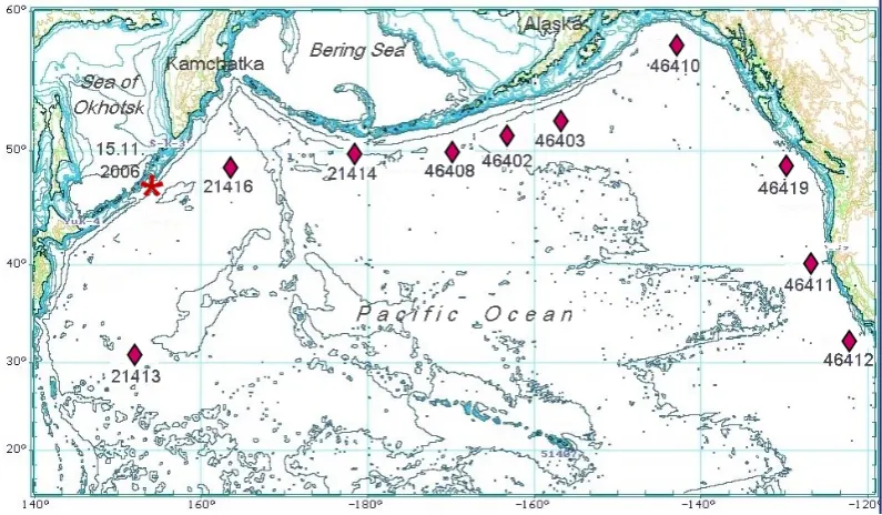 Fig. 4. A map of the North Paciﬁc Ocean showing positions of DART stations and the epicenter of the 2006 Simushir earthquake
