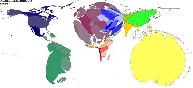 Figure 2. World map of organic agriculture (equal map areas represent equal organic agriculture hectares)