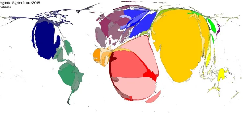 Figure 5. World map of organic producers (equal map areas represent equal numbers of organic producers)