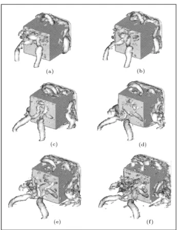 Figure 7. Instantaneous isosurfaces of second invariant of the velocity gradient Q = 2500 with the time dierence between the two pictures of tU mean =H = 0 : 2 (view of the back face of the body (SSF2 model)).
