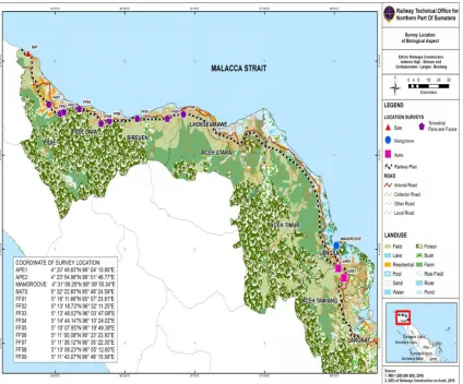 Fig. 1. Location of Fauna and Flora Observation on Trans-Sumatera Railway Development Plan(Sigli - Bireun Dan Lhokseumawe -Langsa-Besitang [5]