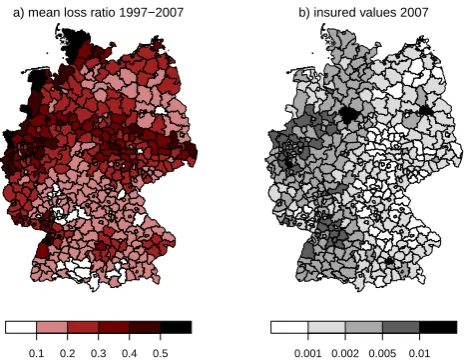 Fig. 3. Spatial distribution of the insurance loss data.winter half year loss ratios (VGV, years 1997–2007), normalisedwith loss ratio sum of all 439 administrative districts (unit: %) (a) mean (b)insured values for the year 2007, normalised with total sum of all439 administrative districts.