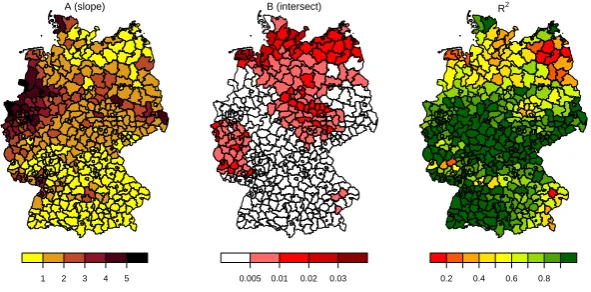 Fig. 4. Regression coefﬁcients for scaling the local loss potentials calculated from ERA-Interim gust wind speeds towards the insuranceloss records (VGV)