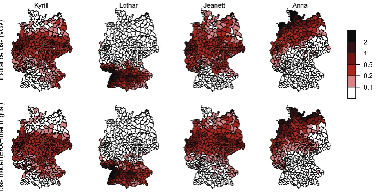 Fig. 6. Spatial distribution of losses for the four most loss-intensive single events in the period 1997 to 2007: insurance data (top row) andcalculated losses by applying the loss model to ERA-Interim gust (bottom row)