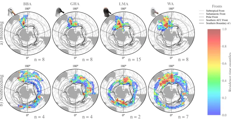 Figure 2 Residence time quantiles of black-browed (BBA), grey-headed (GHA), light-mantled (LMA) and wandering albatrosses (WA) tracked from Macquarie Island during the a) breeding and b) nonbreeding periods