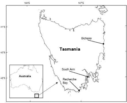 Figure 4.2 Map of Tasmania, Australia, showing the locations for the collection of pueruli used  