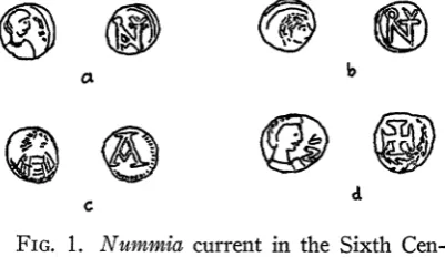 FIG. 1. Nummica tury. a and b, " Monogram stasius and Justin I; c, "A Atype; current in the Sixth Cen- " Types of Ana- d, " Cross in Wreath " type