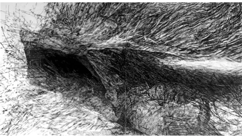 Fig. 2. David Edgar, unwilling, 2018. Charcoal on 2 sheets of paper, 145 x 253 cm. 