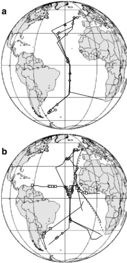 Figure 2. Locations of rainfall samples collected during this work for cruises which took place in (a) April –June and (b) September –November