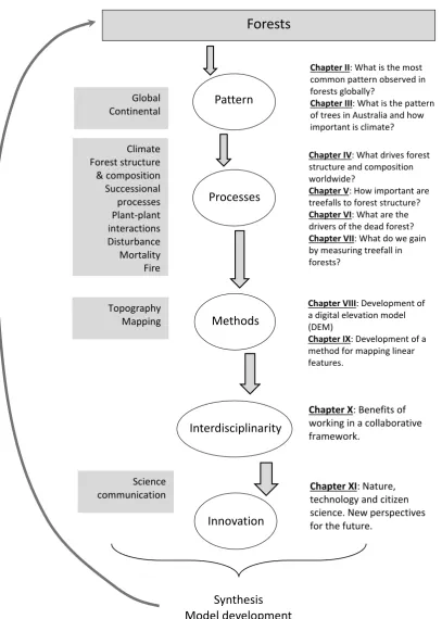 Fig. 3: Overarching thesis structure and framework. The arrows show the flow of idea 