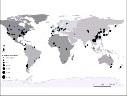 Figure 1: Global distribution of the 198 communities with spatial pattern information 