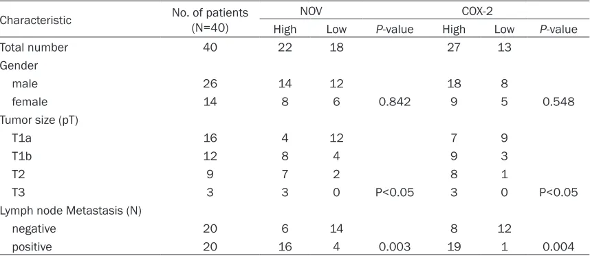 Table 1. Immunohistochemical expression, clinicopathological variables, and associations among NOV and COX-2 expression