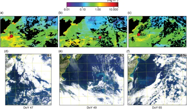 Figure 4. Eight-day composite images of surface chlorophyll a (MODIS, 4 km resolution) during the SOAP voyage for (a) 10–17 Febru- Febru-ary 2012 (DoY 41–48), (b) 18–25 FebruFebru-ary 2012 (DoY 49–56) and (c) 26 FebruFebru-ary–4 March (DoY 57–64), showing 