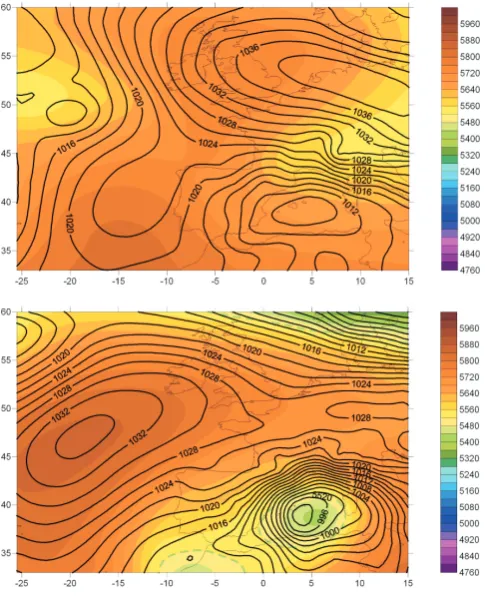 Fig. 9. SLP (lines) and Z500 (colours) during an MC situation. Top:28/10/1997 at 12:00 UTC; bottom: 11/11/2001 at 06:00 UTC, mapfrom ERA-Interim reanalysis done by European Centre for MediumWeather Forecast (ECMWF).