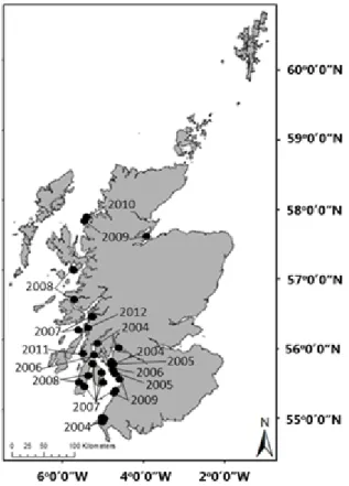 Figure 6: Distribution of the Japanese macroalga Sargassum  muticum in Scotland. Data retrieved from NBN Gateway, 