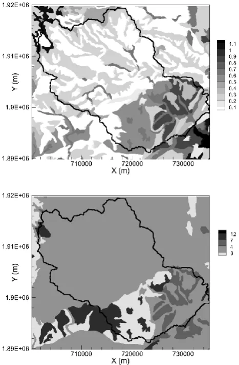 Fig. 5. Maps of (a) soil thicknesses (m) and (b) Rawls and Braken-siek soil classes (3 = sandy loam, 4 = loam, 7 = clay loam, 12 = silt)on the Gardon d’Anduze catchment.