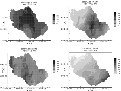 Fig. 6. Total cumulated rainfall (mm), events of 1994, 1995, 2000 and 2002.