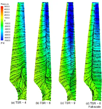 Fig. 2.11. Pressure distribution and limiting streamlines over the suction side of the blade 