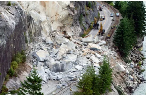 Fig. 1. Rockfall on Sea to Sky highway (B.C.). Note the jointedstructure of the source area (Canadian Press photos).